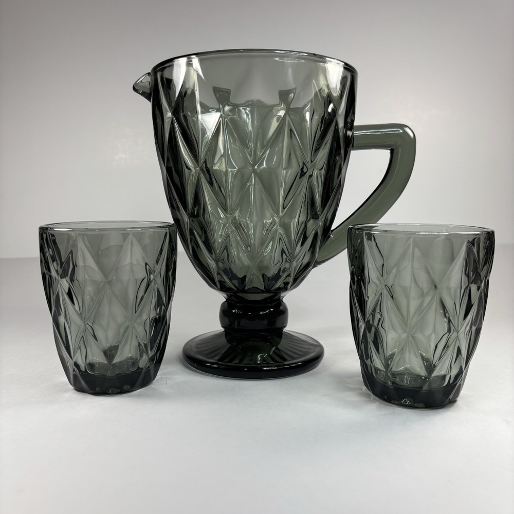 Joan By Magnolia Elegant Fotted Glass Gray Pitcher With Two Tumblers